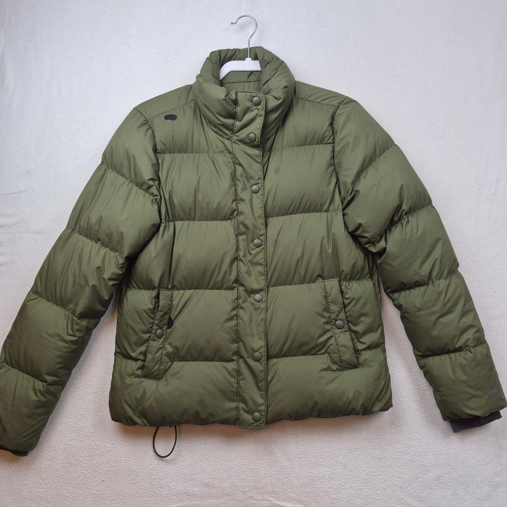 Patagonia Womens Silent Down Jacket Olive Green Puffer Coat Size Medium Repaired